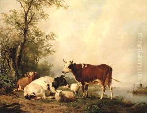 Cattle in a river landscape by Hendrikus van den Sande Bakhuyzen
