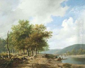 Daily activities along a river in a hilly landscape by Hendrikus van den Sande Bakhuyzen