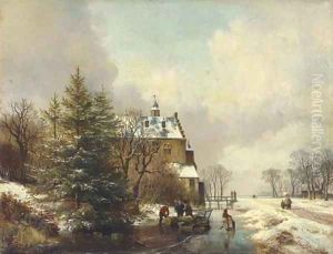 Gathering timber on the ice by a country house by Hendrikus van den Sande Bakhuyzen