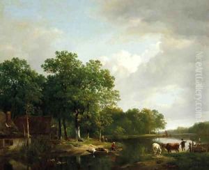 Summer idyl a riverlandscape in summer by Hendrikus van den Sande Bakhuyzen