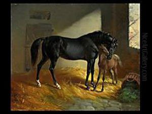 Pferd Und Fohlen In Der Stallung Balz by Benno Adam