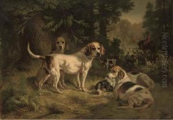 Hounds Resting In A Woodland Clearing With Huntsmen Beyond - view 1