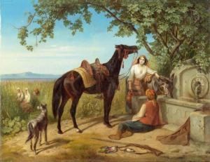 Mediterranean Landscape With Peasants And Animals At A Well. by Eugen Adam