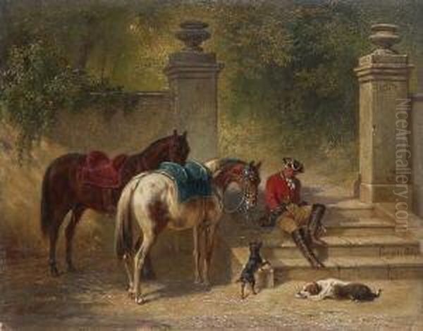 Rokokokavalier Mit Zwei Pferden
Und Hunden Am Treppenaufgang Zum Schlosspark. - view 1