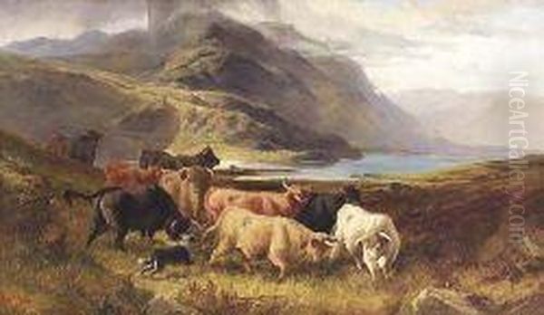Droving Highland Cattle By A Lochside - view 1