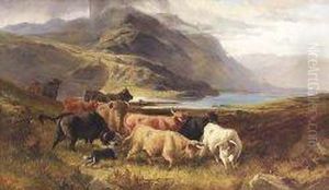 Droving Highland Cattle By A Lochside by Joseph Adam