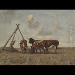 Farmer Watering Bulls At A Trough by Joseph Denovan Adam
