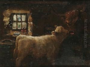 Calves At A Hay Rack by Joseph Denovan Adam