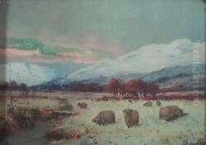 Sheep Grazing In A Snow Covered Landscape by Joseph Denovan Adam