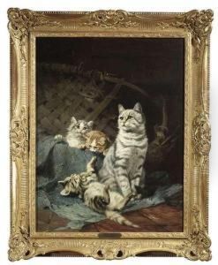 Three Kittenswith Her Mother At A Wicker Basket
