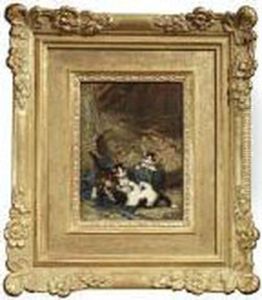 Three Kittensplaying In Straw At A Wicker Basket. by Julius Adam
