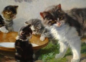 Katze Mit Ihren Jungen An Der Milchschussel by Julius Adam