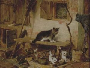 Cat With Kittens At Play by Julius Adam
