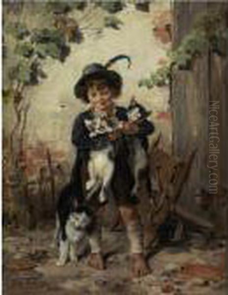 Young Boy With Three Cats - view 1