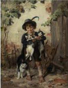 Young Boy With Three Cats by Julius Adam