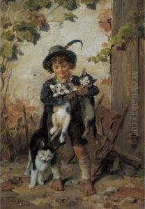 Trachtenjunge Mit Drei Katzen