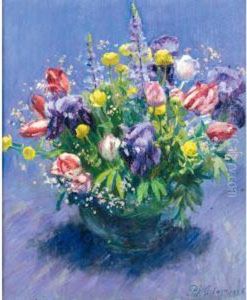 Tulips Marsh Marigolds, Irises And Lupins In A Vase by Patrick William Adam