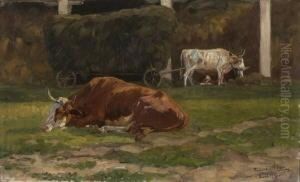 Ruhende Rinder Mit
 Heuwagen. by Richard Benno Adam