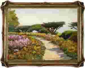 California Coastal With Cypress Trees And Flowers by William Adam