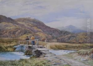 Figures On A Stone Bridge In The Mountains by Charles James Adams