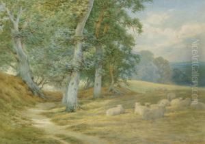 Herding Sheep Along A Surrey Lane In Autumn by Charles James Adams
