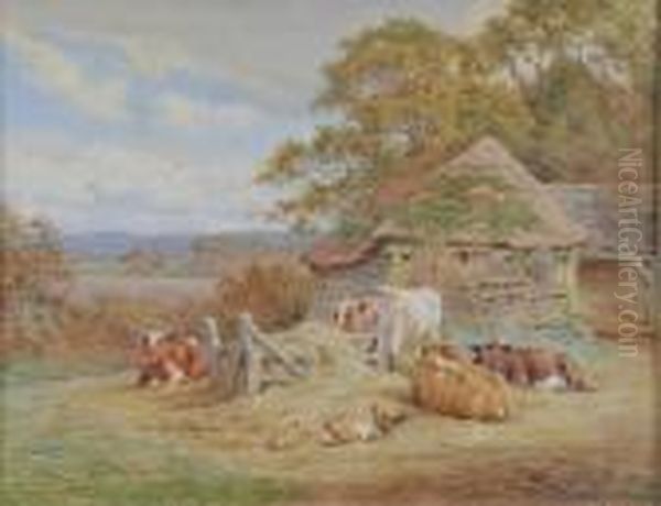 Cattle Resting Before A Barn, Signed, Watercolour - view 1