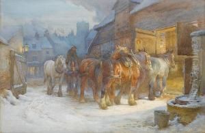 Horses Being Led To Their Stables Atdusk