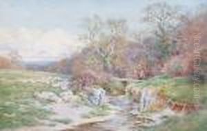 Figures Crossing A Stream With Sheep Resting by Charles James Adams