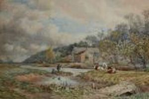 Country River Landscape With Anglers And Cattle On A Bank. by Charles James Adams