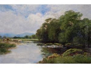 Tranquil River Scene With Cattle At Water And Hills In The Distance by John Clayton Adams