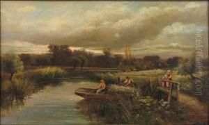 Lakeview With Boat And Figures by John Clayton Adams