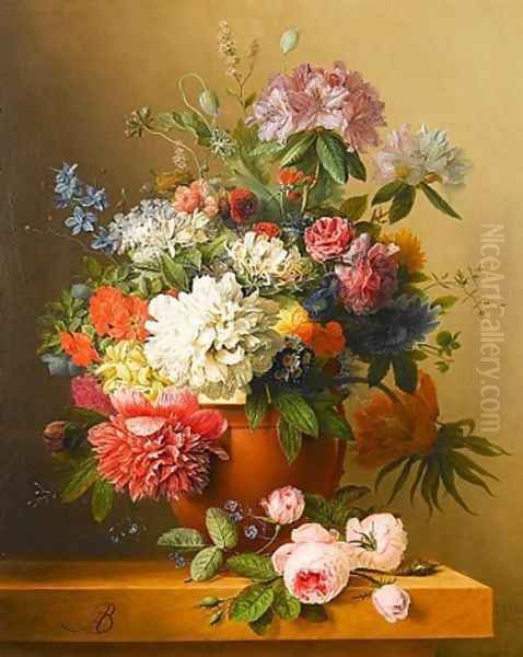 A still life of peonies, roses, honeysuckle, poppies, a crown imperial, rhododendrons and other flowers in a terracotta urn on a ledge - view 1
