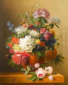 A still life of peonies, roses, honeysuckle, poppies, a crown imperial, rhododendrons and other flowers in a terracotta urn on a ledge