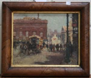 View Of A Busy Street With Figures Near A Gypsy Caravan by John Clayton Adams