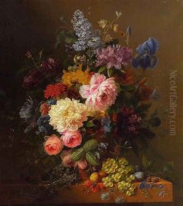 Peonies, Roses, Irises, Lilies, Lilac and Other Flowers in a Vase on a Ledge Laden with Fruit