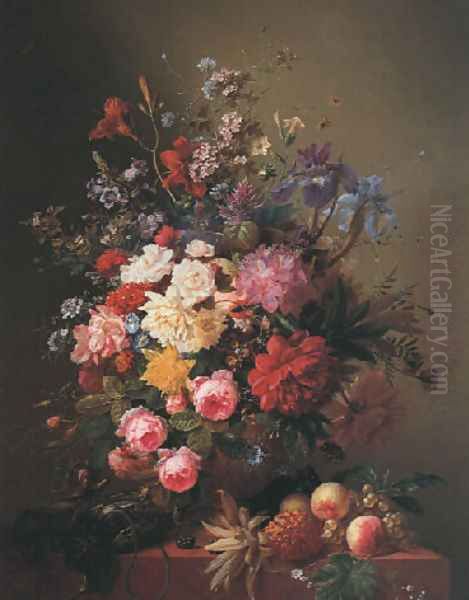 Summer flowers in an urn with fruit and game on a marble ledge - view 1