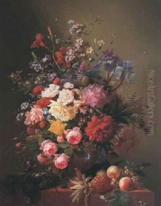 Summer flowers in an urn with fruit and game on a marble ledge by Arnoldus Bloemers