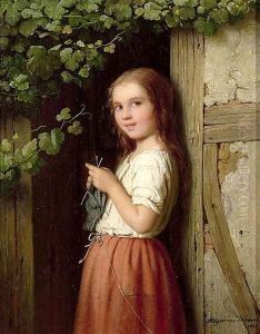 Young Girl Standing in a Doorway Knitting, 1863 by Meyer Georg von Bremen
