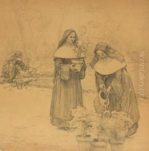 Monache Al Lavoro In Giardino by Louis Emile Adan