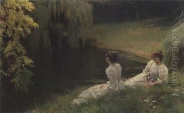 Elegant Ladies At Rest Beside A Pond - view 1