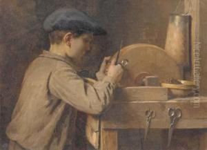 A Young Boy Grinding Scissors by Louis Emile Adan
