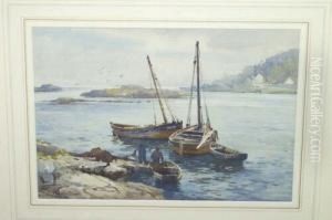 Figures And Fishing Boats Beside A Shoreline, Cottages In The Distance Signed