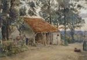 View Ofa Farmyard With A Chestnut Pony And A Sheepdog by Joseph Poole Addey