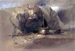 A Fishing Smack and a Small Boat drawn up on the Shore Beneath a Rocky Cliff by Henry Bright