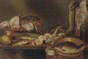 Still Life A Lemon, A Peach, Fish Heads On A Plate. by Alexander Adriaenssen