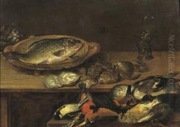 A Fish, Oysters And Songbirds On A Wooden Table - view 1