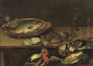 A Fish, Oysters And Songbirds On A Wooden Table