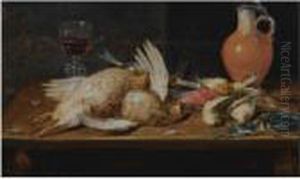 A Still Life With A Robin, A 
Kingfisher, Partridges And Songbirds,all On A Wooden Table, Together 
With A Glass And An Earthenwarejug