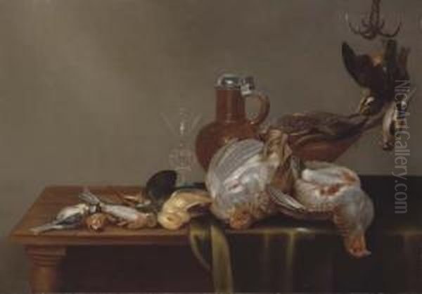 A Blue Tit, A Red Finch, A 
Patridge, A Kingfisher, And Other Dead Birds On A Half Draped Table, 
With A Glass And Silver Rimmed Jug - view 1
