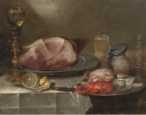 A Ham On A Pewter Plate, A
'roemer' On A Stand, A Partially Peeled Lemon, A Pewter Plate With A
Lobster, A Crab And Shrimps, A Pitcher And A Glass Of Beer by Alexander Adriaenssen